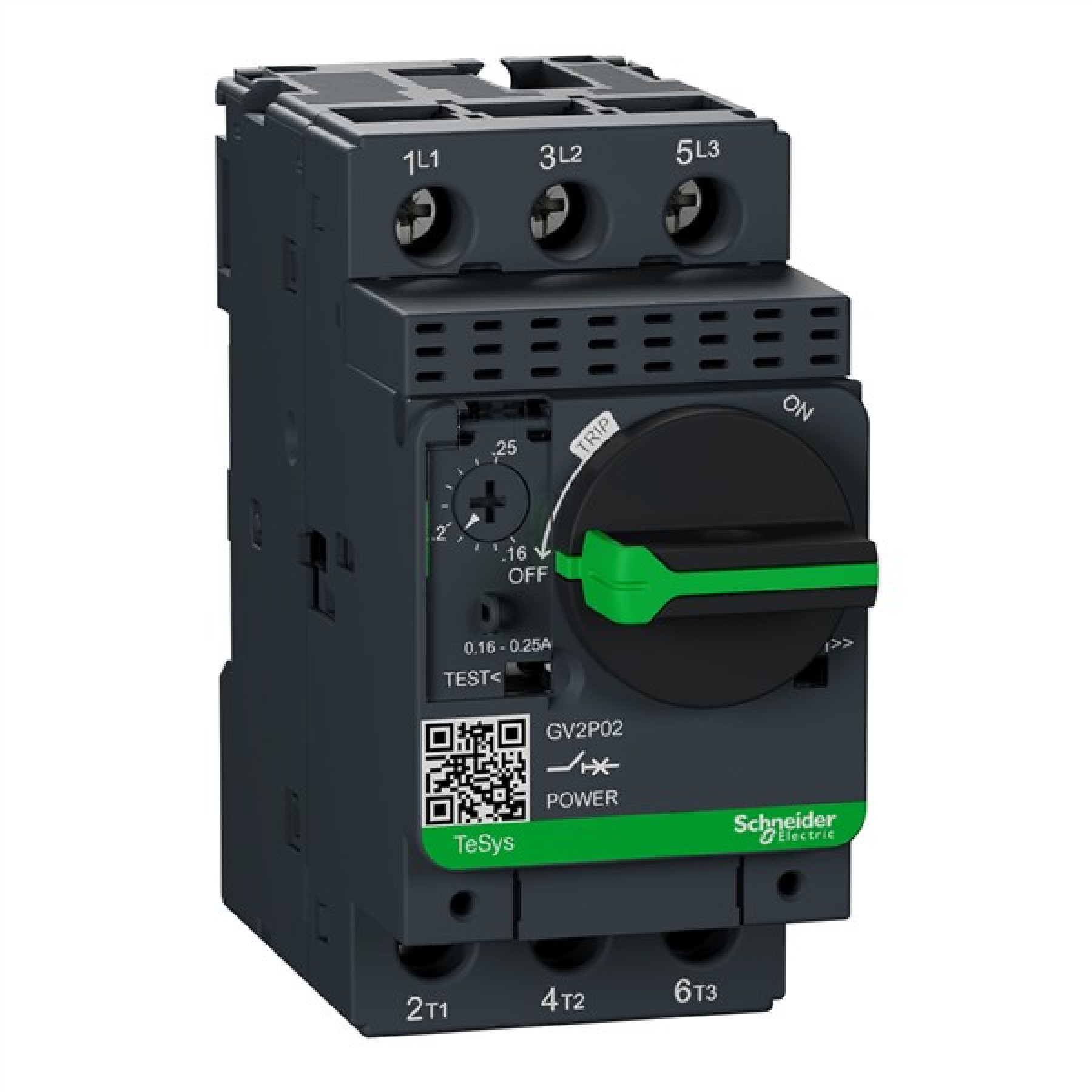 Schneider GV2P02 Rotary Manual Motor Starter / Motor Circuit Breaker TeSys GV2 3P 0.16-0.25 A thermal magnetic screw clamp terminals