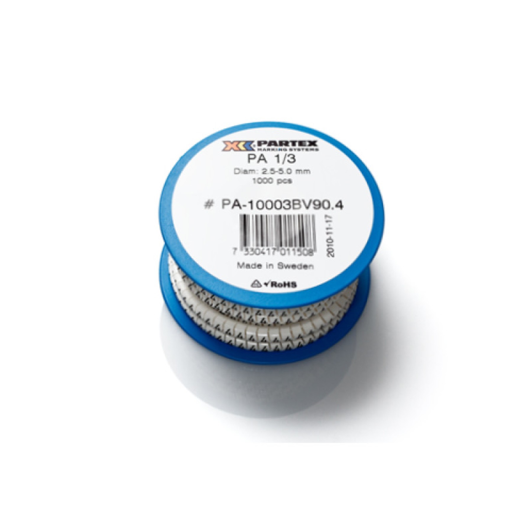 Partex Cable Marker PA1/3 Black/White Marked J Reel To suit cables: 2.5 - 5.0mm (0.75 - 4.0mm)